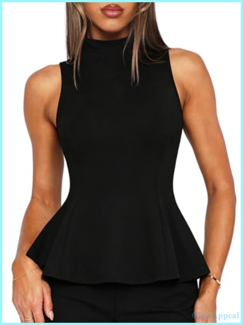 Sleeveless Peplum Top Mock Neck Cotton Spandex Business Casual Work Blouse